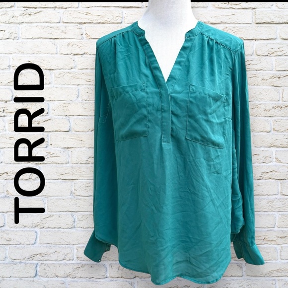 TORRID Harper Teal Green Long Sleeve V-Neck Collarless Blouse - Size 0 - Picture 1 of 7